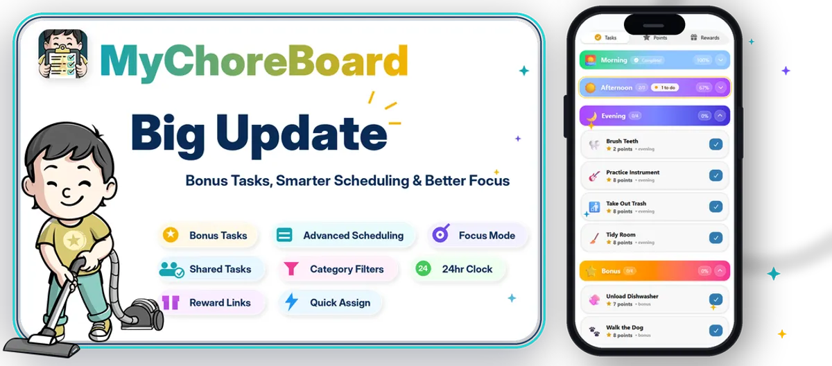 MyChoreBoard’s Biggest Update Yet: Bonus Tasks, Focus Mode, Smarter Scheduling, and More