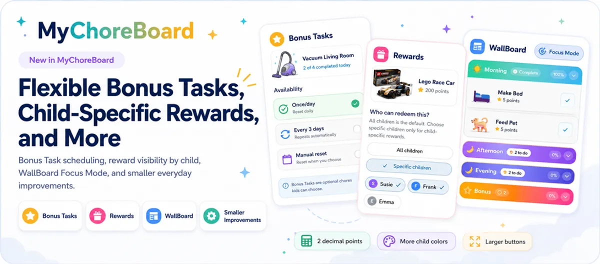 New in MyChoreBoard: Flexible Bonus Tasks, Child-Specific Rewards, and More
