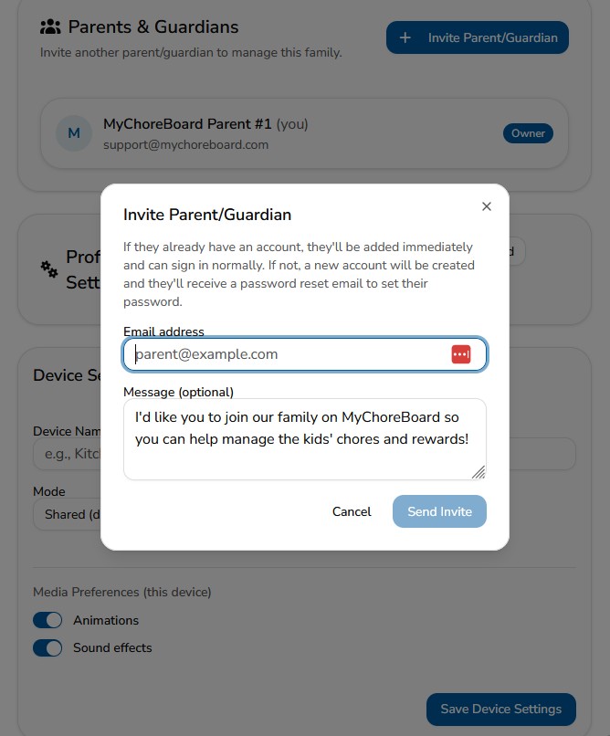Invite Parent/Guardian modal in the MyChoreBoard parent dashboard