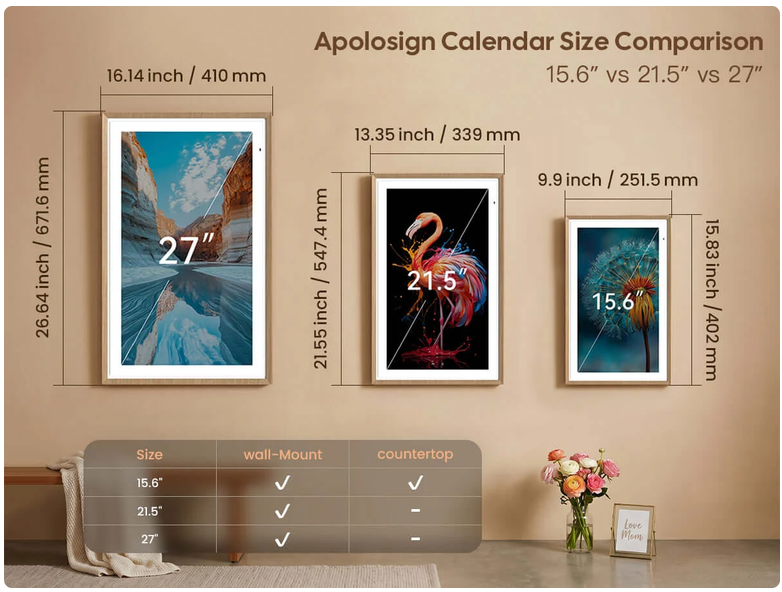ApoloSign digital calendar size comparison showing 15.6-inch, 21.5-inch, and 27-inch models with dimensions and mounting options