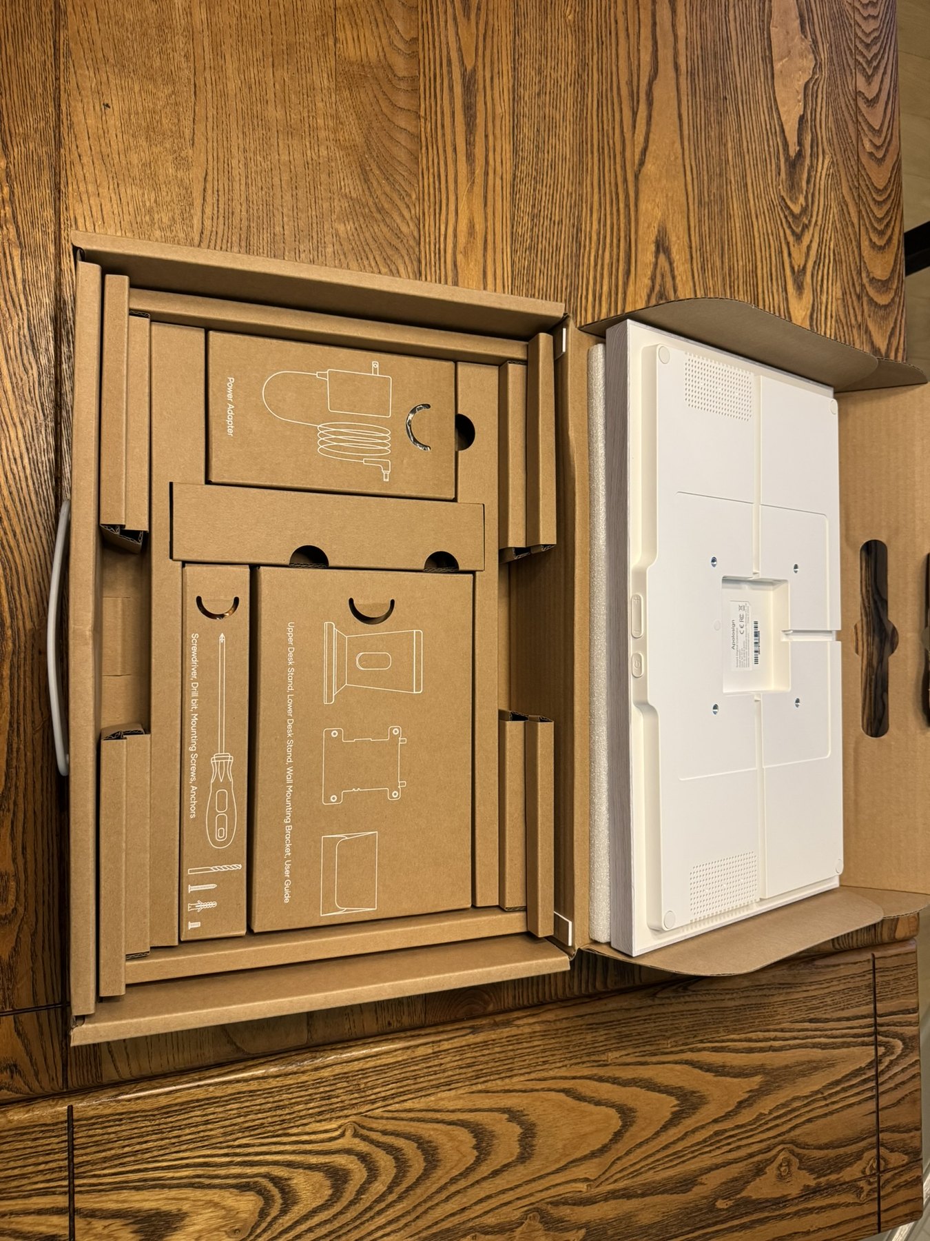 ApoloSign certified-refurbished packaging with stand, power adapter, and wall-mounting hardware