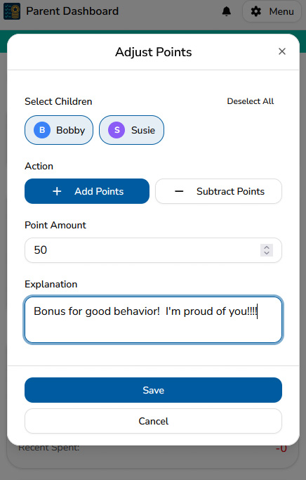 side-Right h-570 Adjust Points modal showing add and subtract point options