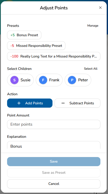 Adjust Points in MyChoreBoard showing reusable parent-created presets