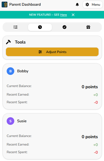 Adjust Points tool in the MyChoreBoard parent dashboard