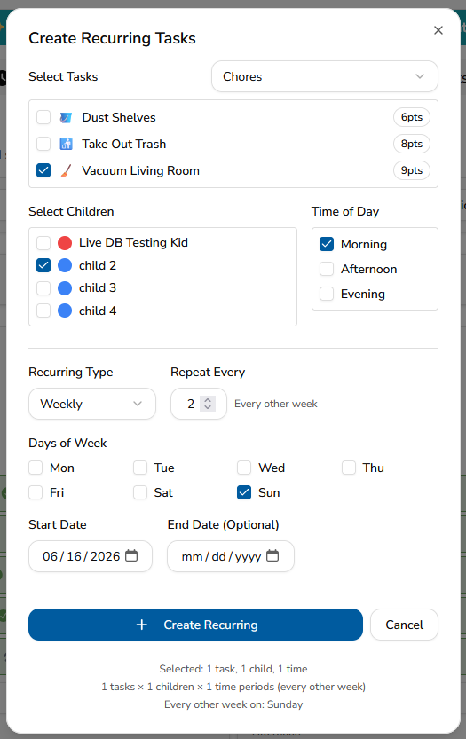 MyChoreBoard Create Recurring Tasks screen showing flexible recurring chore scheduling