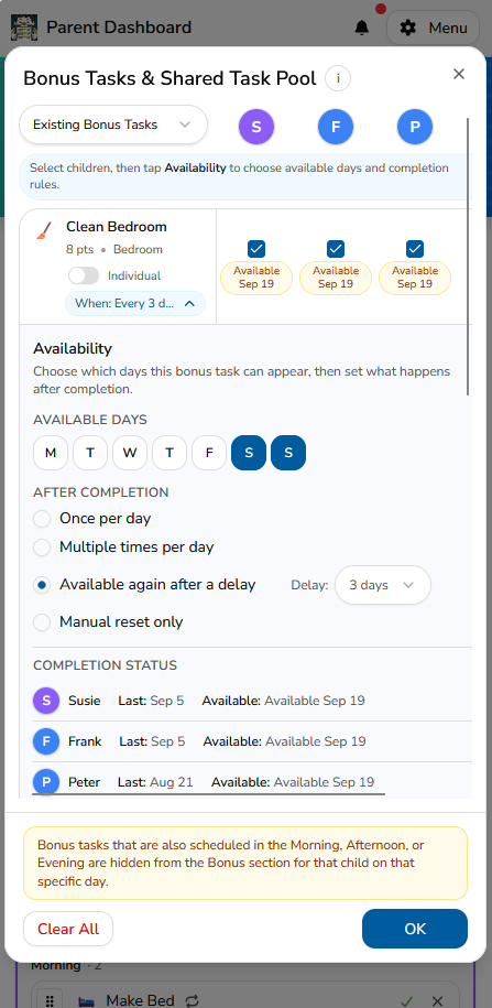 Bonus Task settings showing available days of the week and child availability in MyChoreBoard