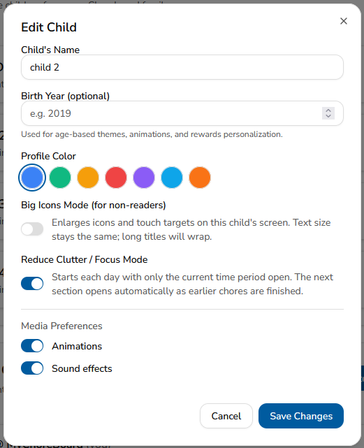 side-right w-430 h-430 The Edit Child settings screen in MyChoreBoard showing the Reduce Clutter / Focus Mode toggle