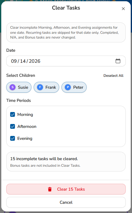 The Clear Tasks Tool selecting children and time periods for a specific date