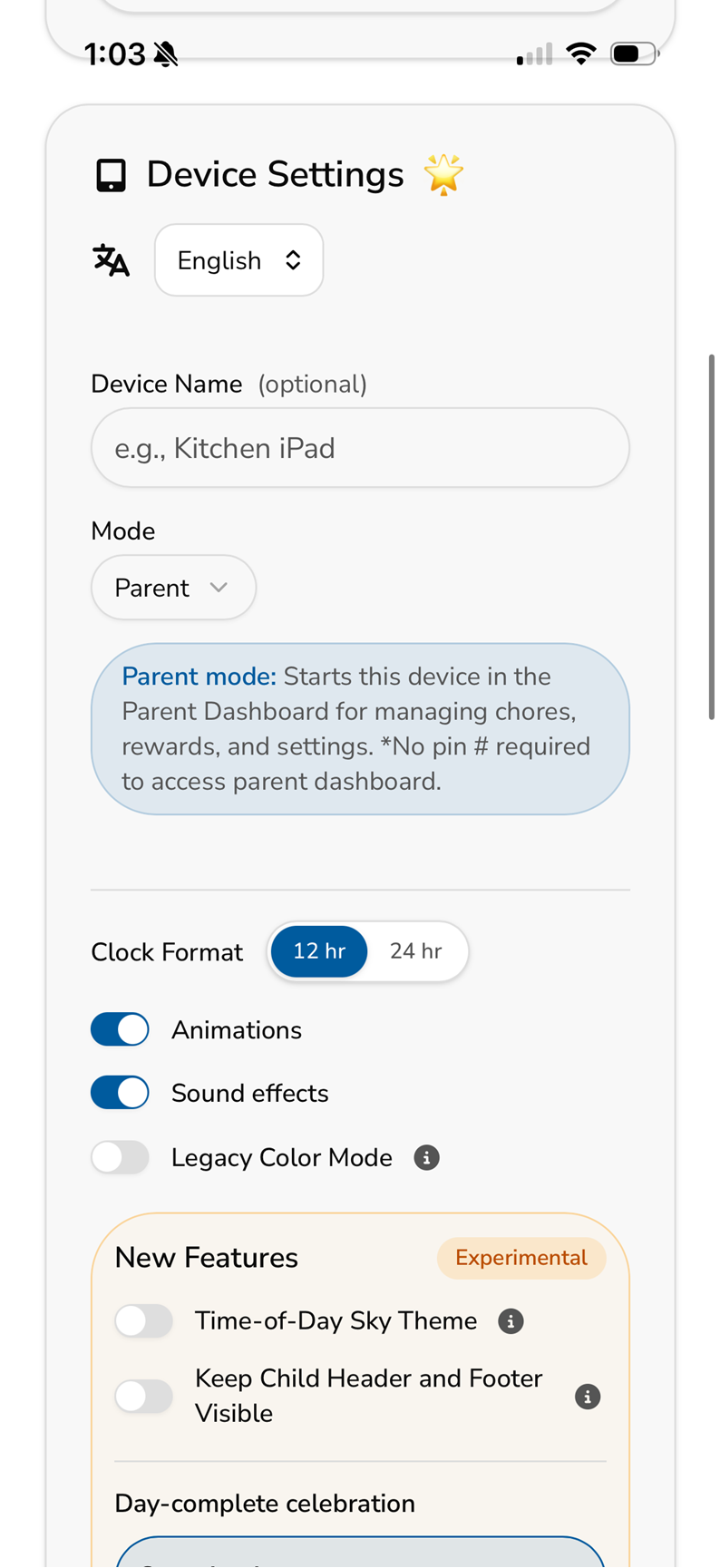 side-right w-400 h-1729 Current MyChoreBoard Device Settings showing language, device name, mode, clock format, animations, sounds, and display options