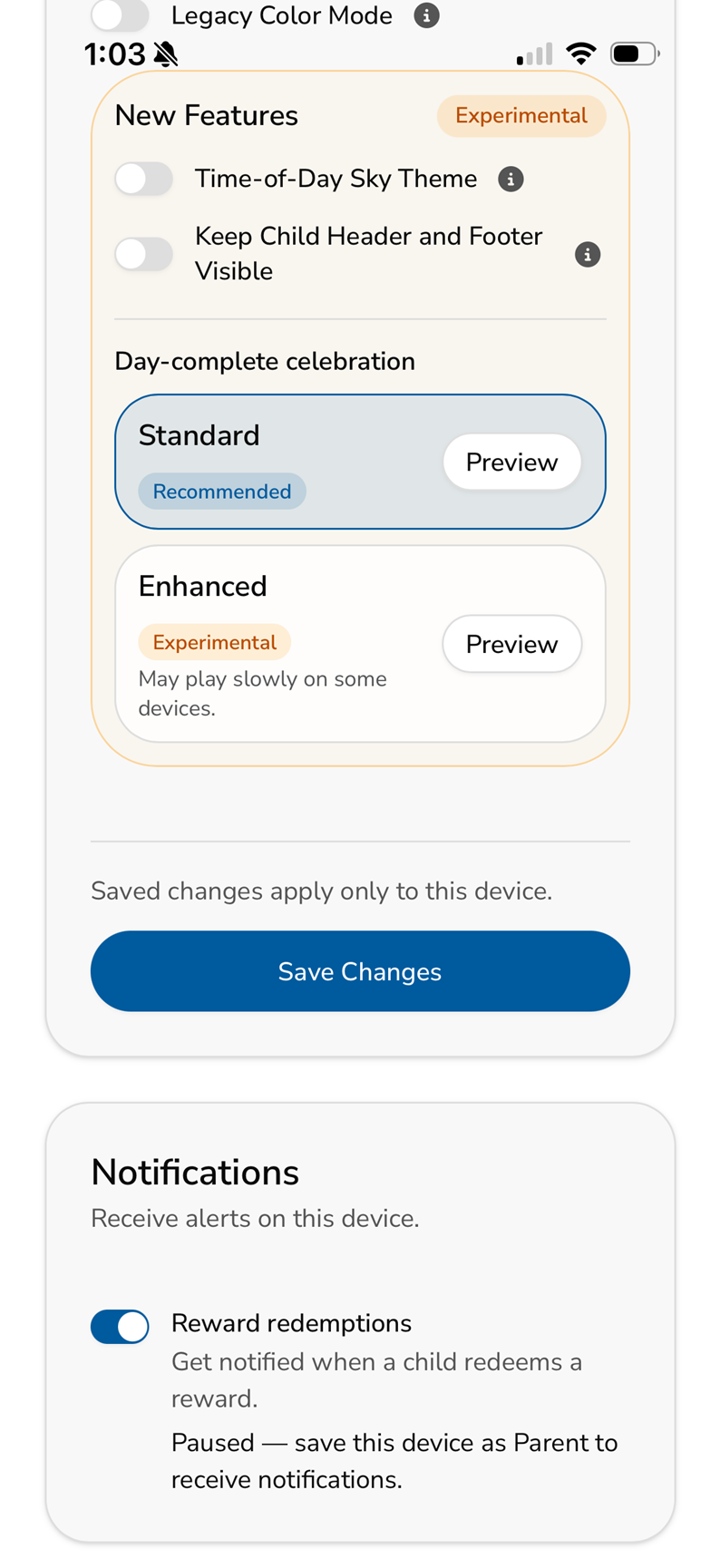 side-right w-400 h-1729 MyChoreBoard Notifications settings showing the Reward redemptions toggle and Parent device requirement