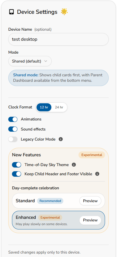 side-right w-700 h-1100 Device Settings showing the Time-of-Day Sky Theme and Keep Child Header and Footer Visible options
