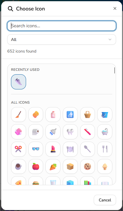 The expanded MyChoreBoard icon library with search and recently used icons