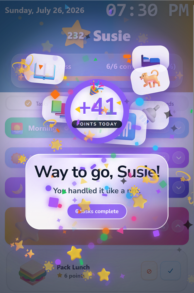 side-Right w-600 h-600 MyChoreBoard screenshot showing the animation after a child has completed all of their chores for the day