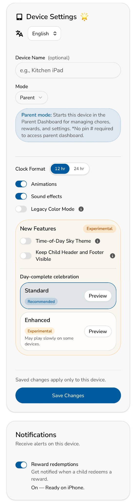 Device Settings and Reward Redemption Notifications settings in MyChoreBoard
