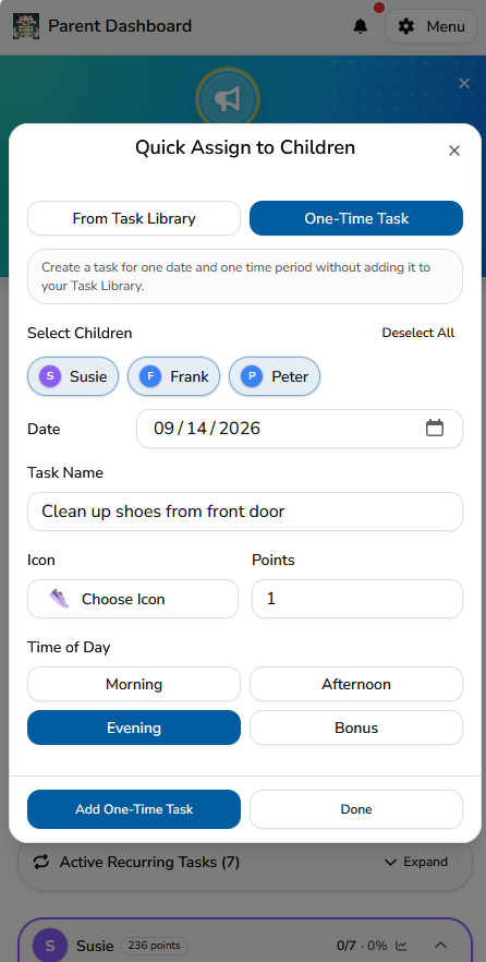 Quick Assign creating a One-Time Task in MyChoreBoard