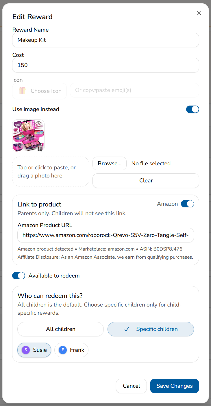 side-left w-700 h-700 Reward Dialog in the MyChoreBoard child interface showing child selection