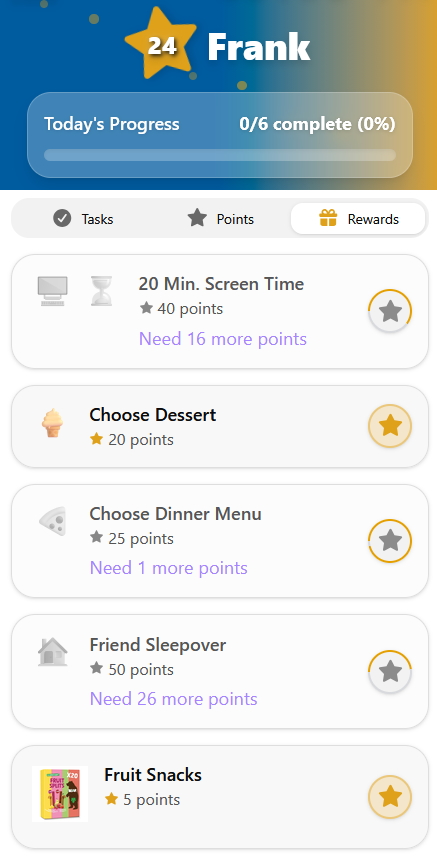 MyChoreBoard child Rewards screen showing rewards and point costs