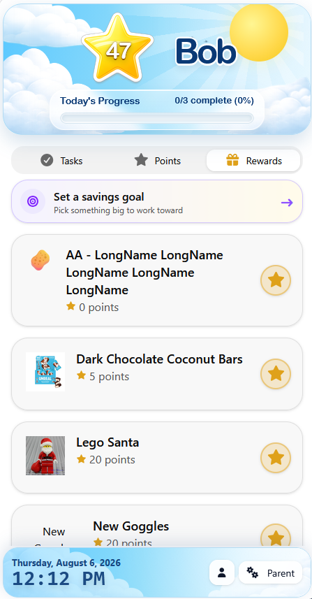 side-right w-600 h-600 The Rewards screen inviting a child to set a Savings Goal in MyChoreBoard