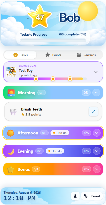 side-right w-600 h-600 A child’s collapsed Savings Goal card above the daily chore list in MyChoreBoard
