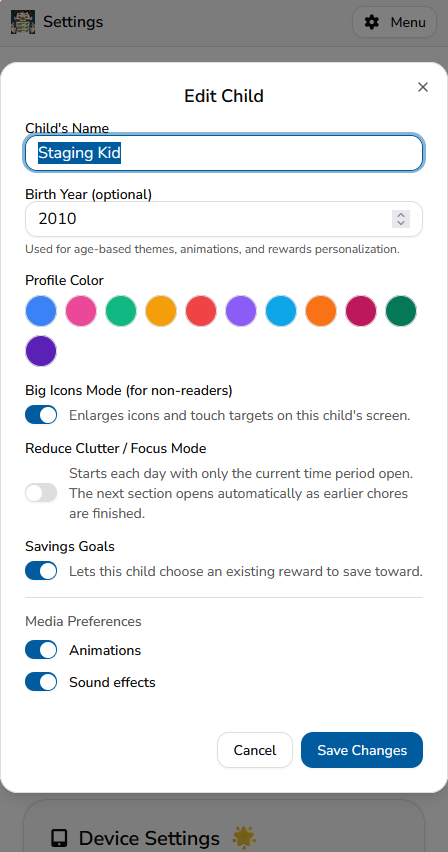 side-left w-700 h-1200 The Edit Child screen showing the Savings Goals setting in MyChoreBoard