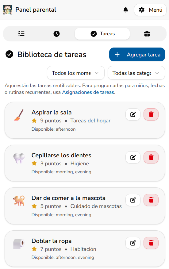 The MyChoreBoard Task Library displayed in Spanish
