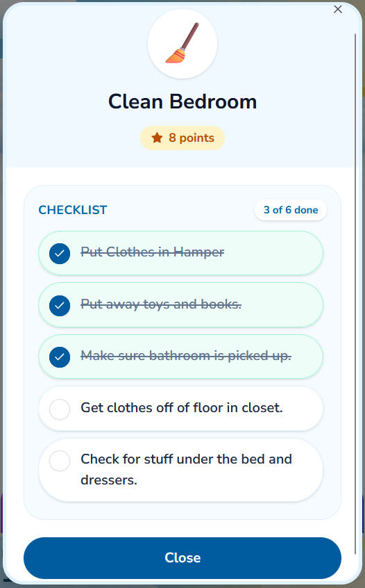A child working through a Clean Bedroom Task Checklist in MyChoreBoard