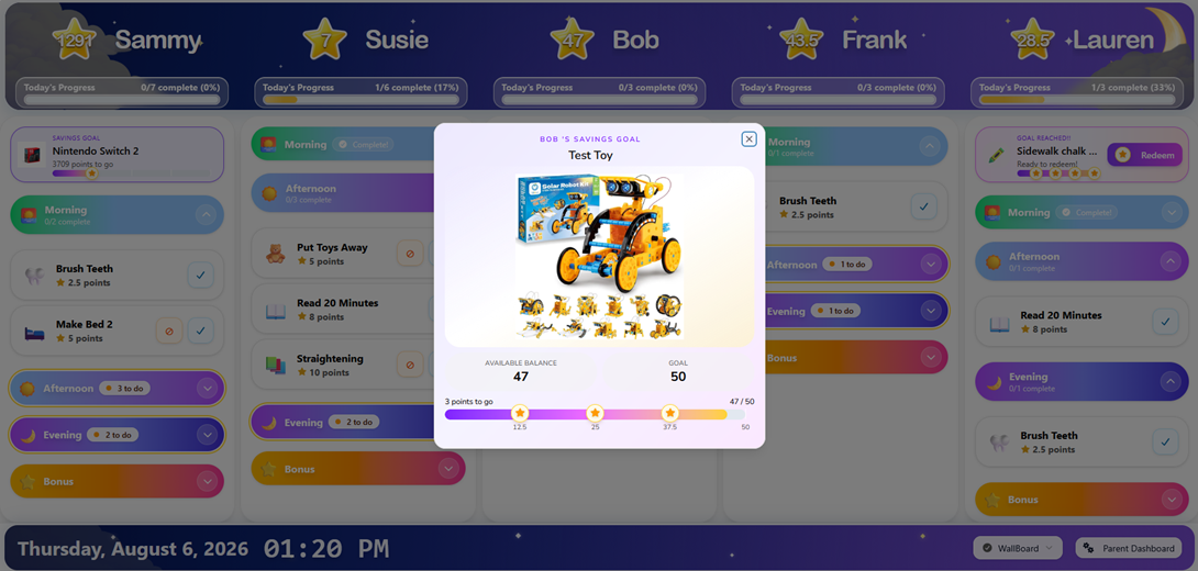 WallBoard Mode using the Time-of-Day Sky Theme and displaying children’s Savings Goals