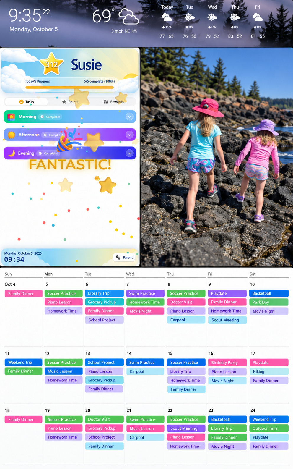A custom DAKboard layout combining MyChoreBoard, family photos, weather, and a calendar