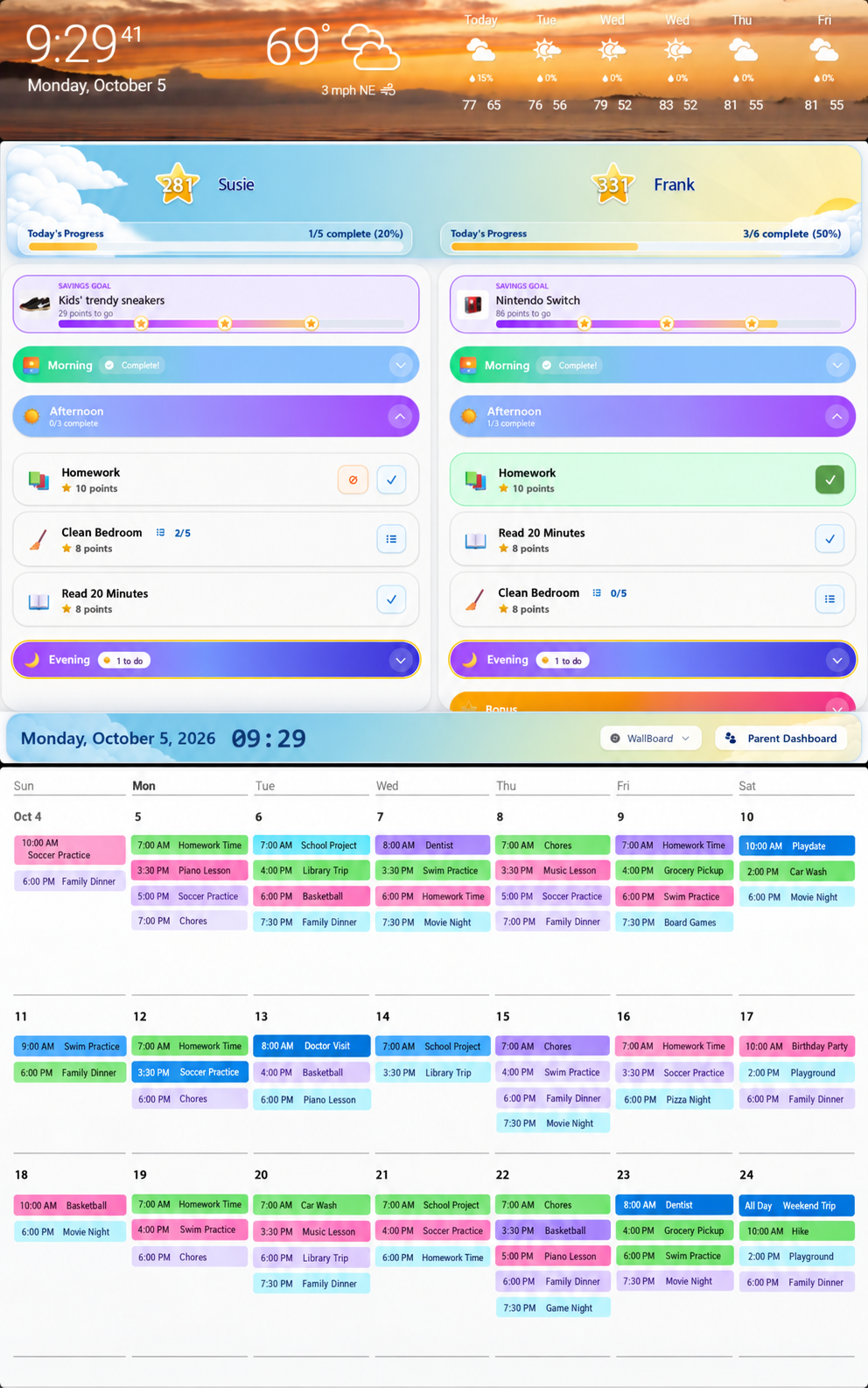 MyChoreBoard embedded in a custom DAKboard family command center with weather and calendar