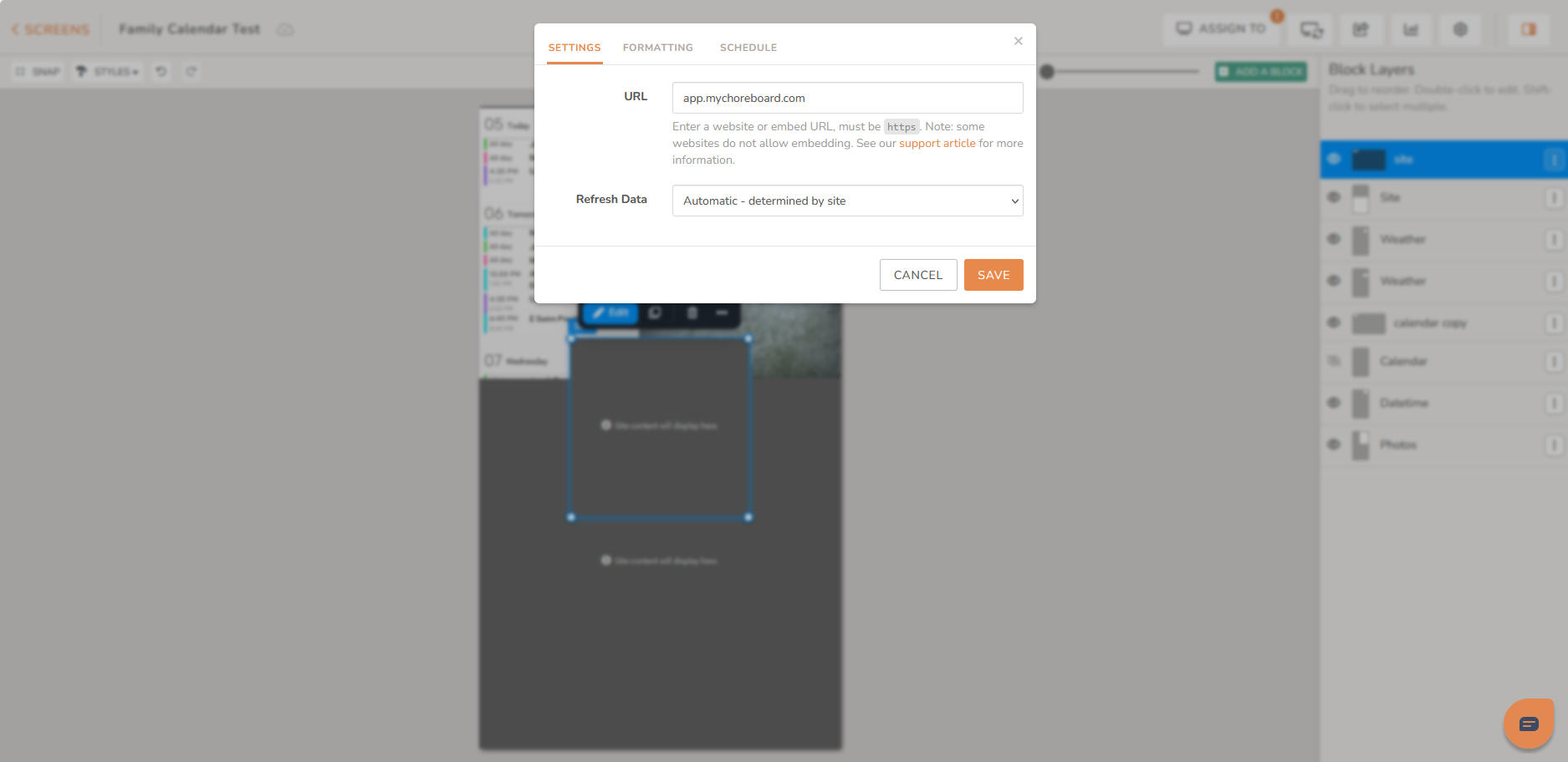 Entering the MyChoreBoard web app URL in DAKboard's Website/iframe block