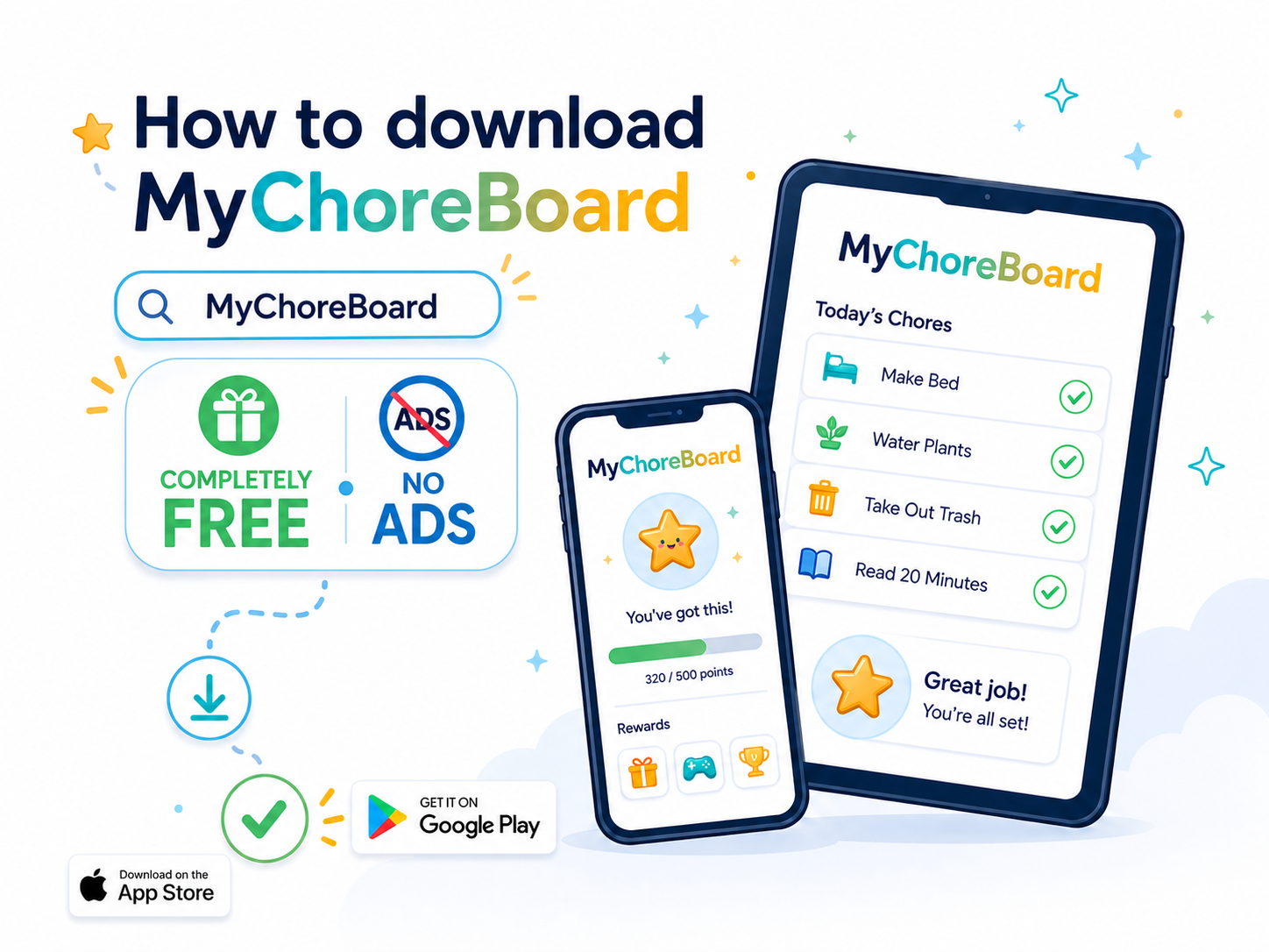 side-left h-570 MyChoreBoard app store launch graphic showing iPhone, iPad, Android phone, and tablet support