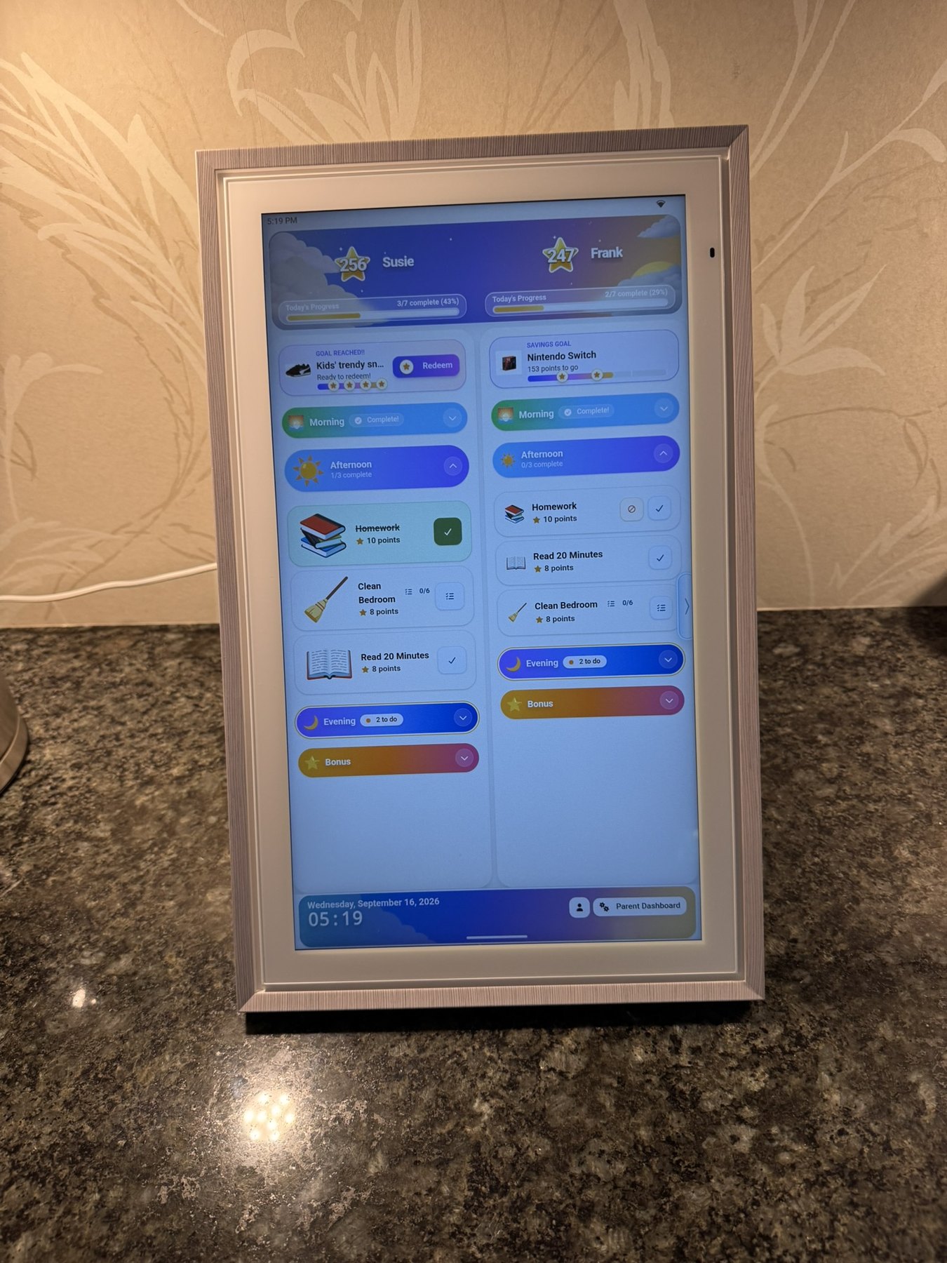 MyChoreBoard WallBoard running full-screen in portrait on ApoloSign